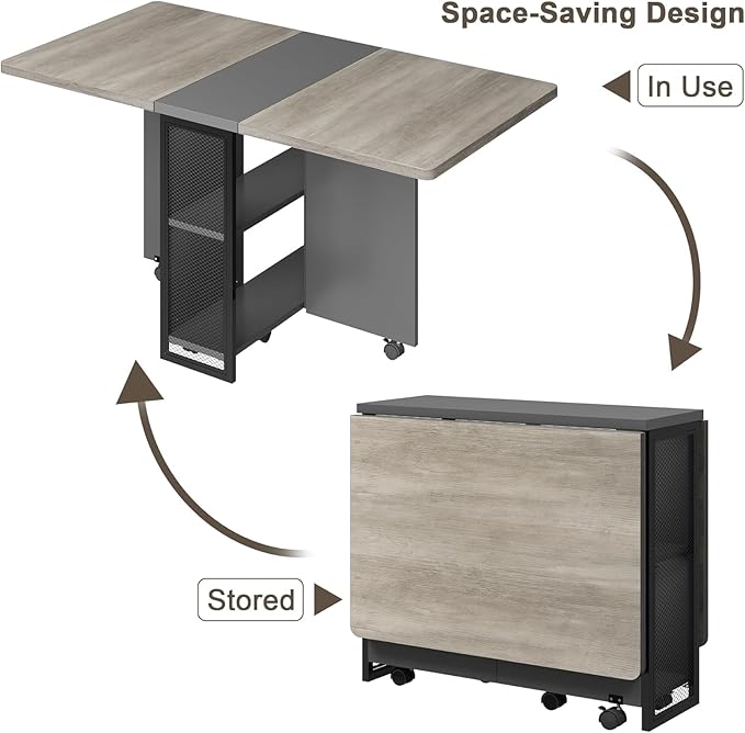 GarveeHome Folding Dining Table, Space Saving Farmhouse Dining Table for 4 Storage Shelf, 6 Wheels Multipose Expandable Kitchen Drop Leaf Table for Small Space (Carlo Grey, 50.1"D x 31.4"W x 29.5"H)