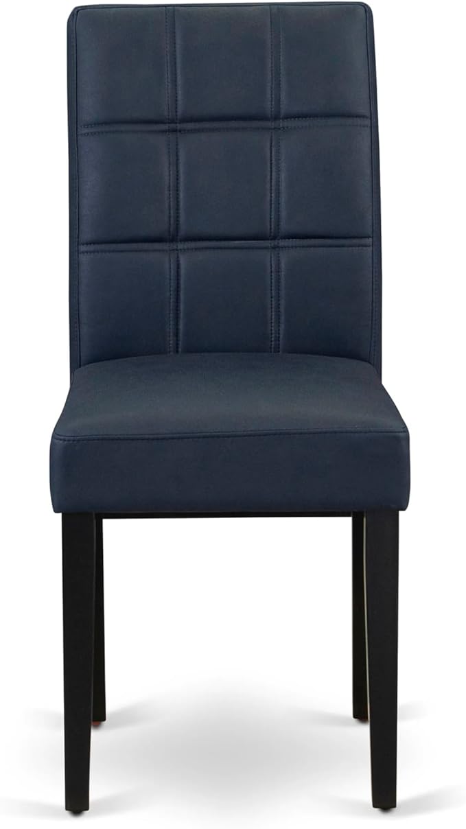 East West Furniture DLAS3-BLK-09 3 Piece Dining Table Set consists A Wood Table and 2 Dark Navy Blue Polyester Fabric Parson Dining Chair with Stylish Back- Black Finish