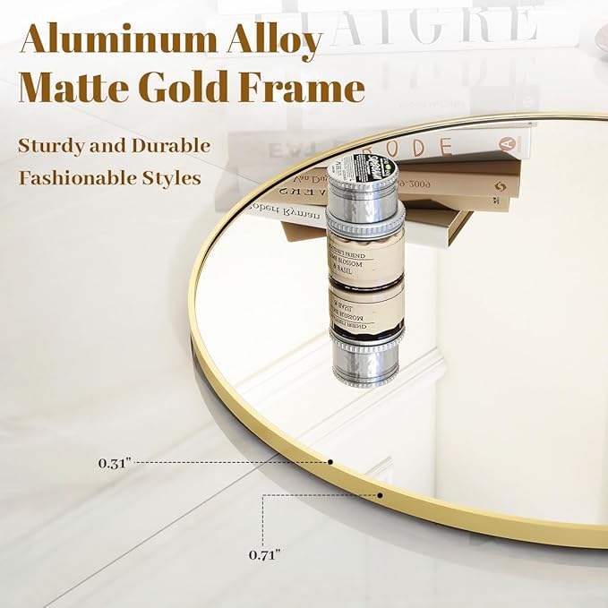 Gold Round Bathroom Mirror, 24 inch Circle Wall Mounted Hanging Mirror with Simple Modern Circular Metal Frame for Hallway, Entryway, Living Room, Gold Frame