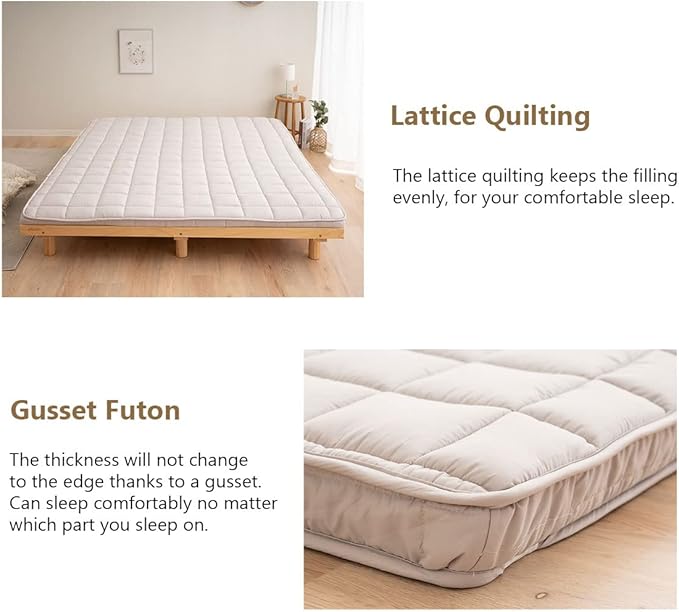 EMOOR Japanese Padded Futon Mattress Machi King Gray, Gusset Foldable Storable Elastic Bands Floor Sleeping Guest Bed Tatami Mat