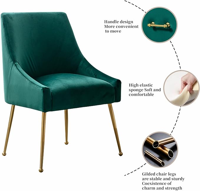 Modern Velvet Dining Chairs Set of 6, Contemporary Upholstered Furniture Collection with Polished Gold Metal Legs, Elegant Accent Chairs for Kitchen Living Room(Green)