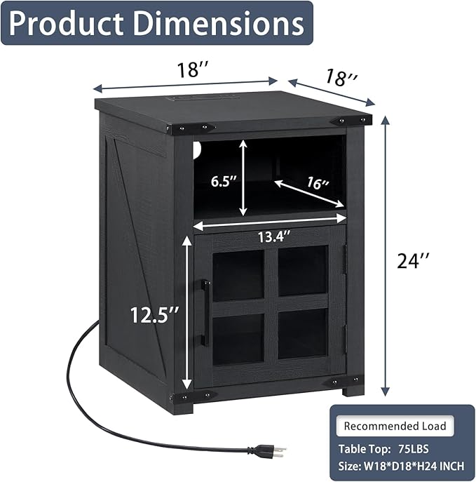 Farmhouse Nightstand with Charging Station, Rustic End Table with Tempered Glass Barn Door, Wood Sofa Side Bedside Table with Open Storage Shelf for Living Room, Bedroom, Black, 2 Pack