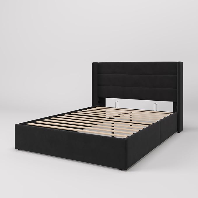 SHA CERLIN Full Size Lift Up Storage Bed/Velvet Upholstered/Modern Wingback Headboard/Upholstered Platform Bed Frame/Hydraulic Storage/No Box Spring Needed/Black