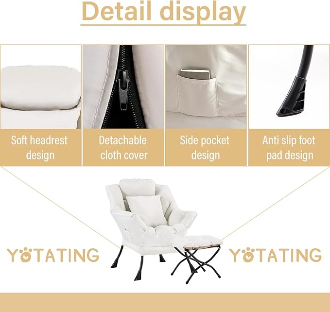 Lazy Chair with Ottoman, Comfy Reading Lounge Chair with Footstool & Throw Pillow Modern with Armrests & Side Pocket for Living Room, Bedroom, Dorm Room, Beige