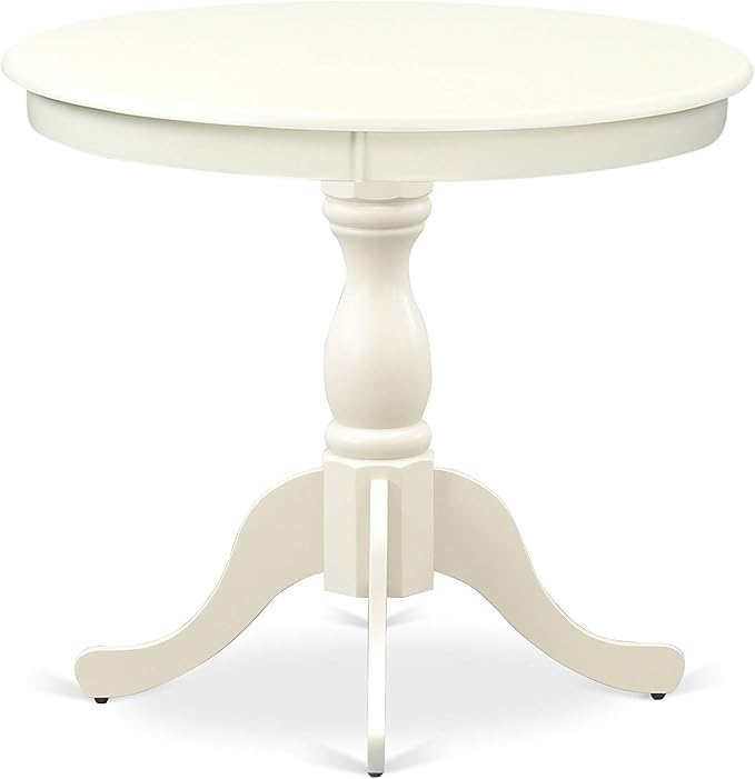 East West Furniture AMAB3-LWH-02 3 Piece Dining Room Furniture Set Contains a Round Dining Table with Pedestal and 2 Light Beige Linen Fabric Upholstered Chairs, 36x36 Inch, Linen White