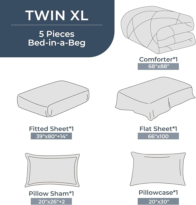HEVUMYI Twin-XL Comforter Set - 5-Piece All Season Bed in a Bag Twin-XL, Ultra Soft Bedding Set with Comforter, Flat Sheet, Fitted Sheet, Pillowcases, Pillow Shams, Greyish Blue