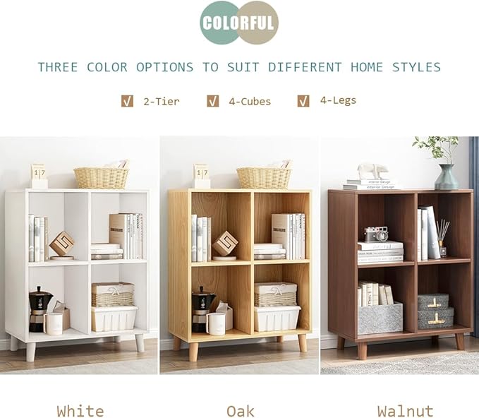 IOTXY Freestanding Open Cubes Bookcase - 2-Tier Floor Standing Wooden Storage Display Cabinet Organizer with Legs for Home Office, 4-Cubes Open Shelf Low Short Bookshelf, Oak