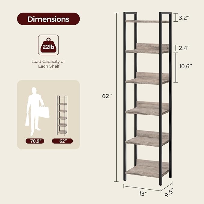 Bookshelf, 6-Tier Bookcase, Standing Book Shelf for Small Space, Storage Shelf Organizer, for Living Room, Bedroom, Study, Balcony, Greige and Black BKHG6601