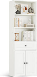 Casaottima Bookshelf and Bookcase with Doors and Drawer, Floor Standing 6-Tier Shelf Display Storage Shelves, Tall Bookcases for Home Office, Living Room, White