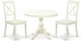 East West Furniture HBBO3-LWH-W 3 Piece Kitchen Table & Chairs Set Contains a Round Dining Room Table with Pedestal and 2 Dining Chairs, 42x42 Inch, Linen White