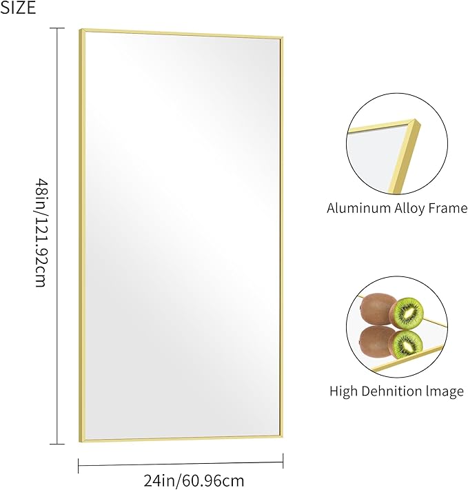 48x24In Gold Bathroom Mirror for Wall, Brushed Gold Rectangle Mirrors with Metal Frame, Bathroom Rectangular Mirror Modern Wall Mirror for Bedroom Living Room, Hangs Horizontal or Vertical