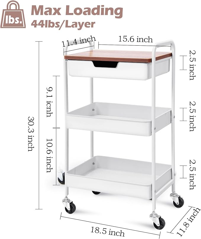 TOOLF 3-Tier Metal Utility Rolling Cart with Drawer & Wooden Table Top, Storage Cart White Trolley Kitchen Organizer Rolling Desk with Locking Wheels for Office, Classroom, Dorm, Bedroom