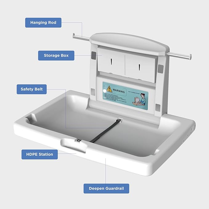 Commercial Baby Changing Station, Wall Mounted Horizontal Baby Changing Table with Safety Strap, Foldable Diaper Tables for Bathroom, White