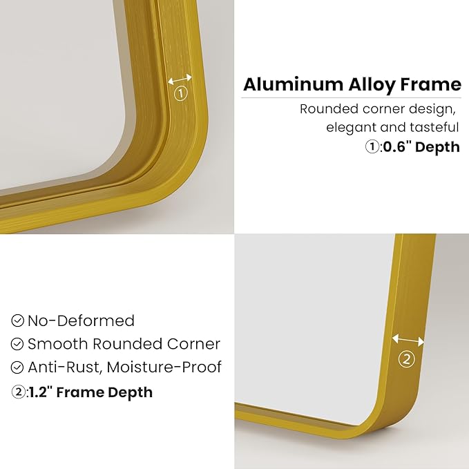 Gold Bathroom Mirror, 24x36 Inch Brushed Gold Metal Frame Mirror for Wall, Rounded Rectangle Bathroom Vanity Mirror, Tempered Glass, Anti-Rust, Horizontal/Vertical