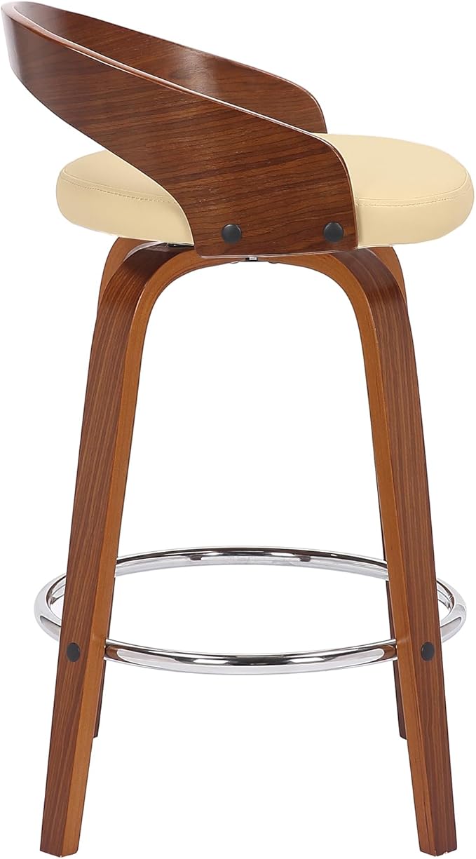 Armen Living Sonia 26" Counter Height Swivel Cream Faux Leather and Walnut Wood Bar Stool - Set of 4
