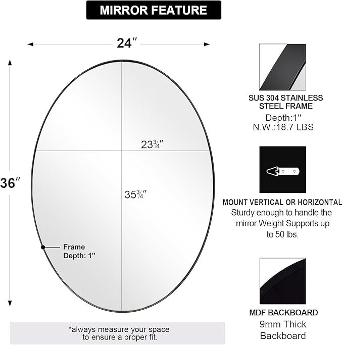 ANDY STAR Black Oval Mirrors for Bathroom, 24x36 Inch Matte Black Stainless Steel Metal Framed Oval Wall Mirror, Modern Vanity Mirror Wall Mount Horizontal or Vertical