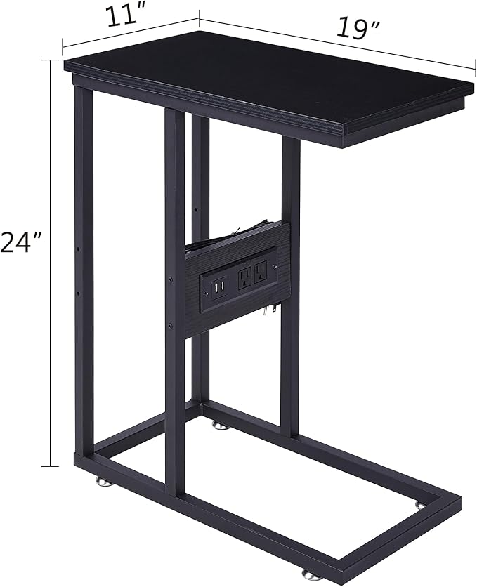 VECELO C Shaped End Side Table with Charging Station & Power Outlets for Couch Sofa/Bed, Snack TV Tray with Metal Frame for Living Room Bedroom 2 Set, Black