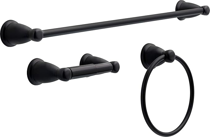 Franklin Brass Kinla 3-Piece Bathroom Set Matte Black 24" Towel Bar Rack, Toilet Paper Holder, Ring KIN3PC-MB