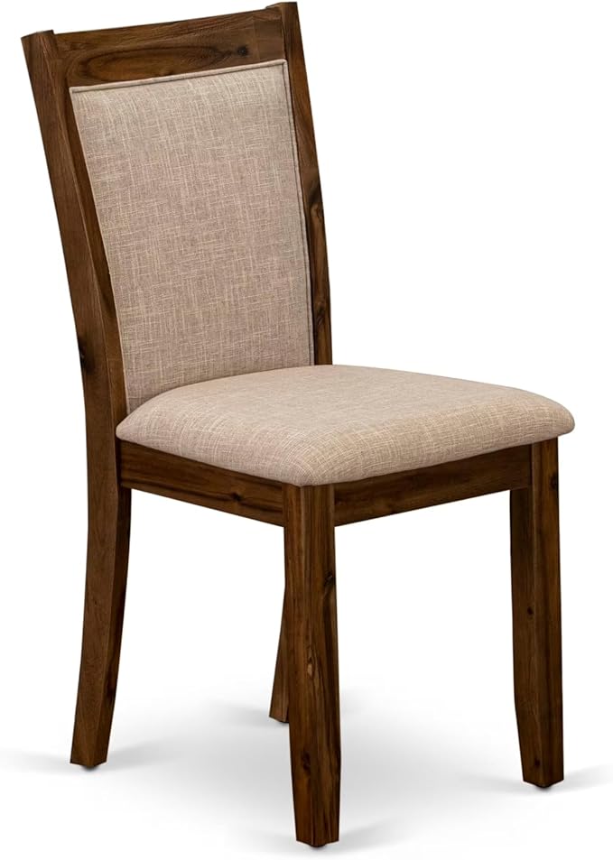 I7MZ7-50N-04 7-Pc Dining Set consists of a Pedestal Dining Table and 6 Light Tan Polyester Fabric Dining Chairs with Padded Back - Antique Walnut Finish