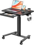 Mobile Standing Desk with Drawer, 28" Rolling Desk with Cup Holder and Hooks, Portable Laptop Workstation on Wheels, Height Adjustable Cart with Storage for Home Office, Black