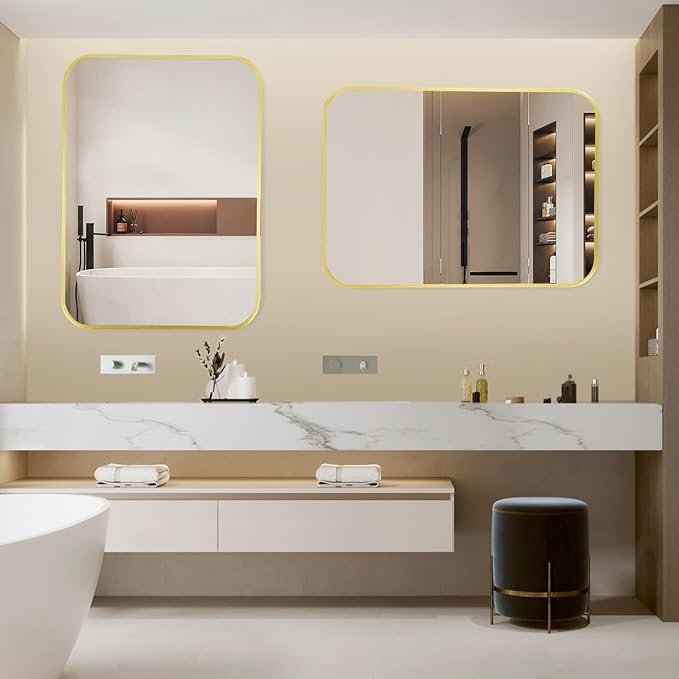 16x24 Inch Bathroom Mirror for Wall,Matte Gold Framed Rectangle Mirror with Rounded Corner,Aluminum Alloy Framed Brushed Wall Mirror for Bedroom or Living Room,Vertical or Horizontal
