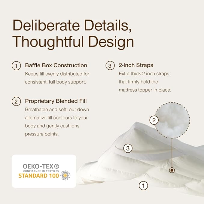 Coop Home Goods Essence Down Alternative Mattress Topper King, Plush 2-Inch Gusset and Baffle Box Design for Even Support and Comfort, Premium Bed Topper for Pressure Relief, Oeko-TEX Certified