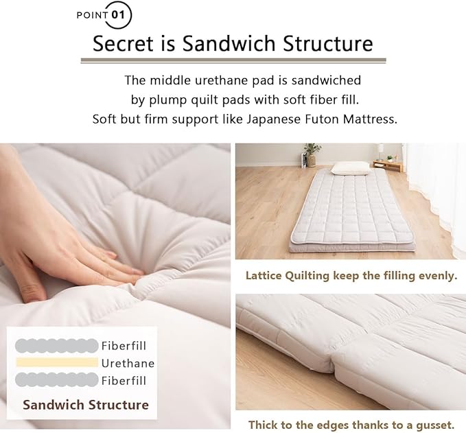 EMOOR Japanese Tri-fold Futon Mattress Machi with Mattress Pad Small-Twin Gray, Gusset Foldable Storable Washable Floor Sleeping Guest Bed Tatami Mat