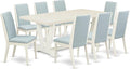 East West Furniture V027LA015-9 9 Piece Dining Set Includes a Rectangle Dining Room Table with V-Legs and 8 Baby Blue Linen Fabric Upholstered Parson Chairs, 40x72 Inch, Multi-Color