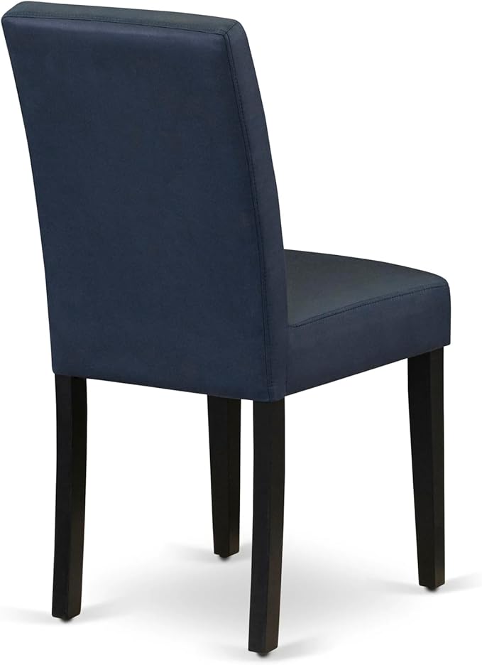 East West Furniture DLAS3-BLK-09 3 Piece Dining Table Set consists A Wood Table and 2 Dark Navy Blue Polyester Fabric Parson Dining Chair with Stylish Back- Black Finish