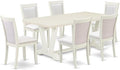 East West Furniture V027MZ001-7 7 Piece Dining Set Consist of a Rectangle Dining Room Table with V-Legs and 6 Cream Linen Fabric Upholstered Parson Chairs, 40x72 Inch, Multi-Color