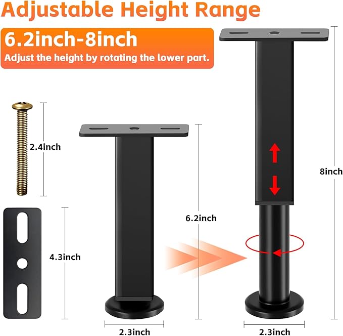 4PCS Adjustable Height Bed Support Legs, 6.2-8 Inch, Metal Heavy Furniture Legs with Rubber Non-Slip Base for Sofa/Cabinet/Couch/Dresser/Table, Furniture Feet Replacement for King Queen Bed Frame Slat