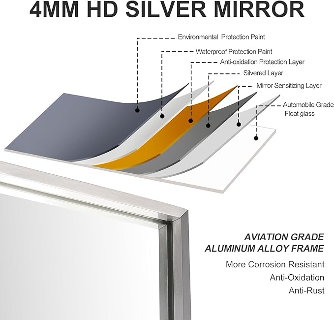 30x36 Inch Silver Bathroom Mirror - Copper-Free Mirror, Aluminum Alloy Frame Vanity Rectangle Wall Mounted Modern Mirror for Bedroom/Living Room/Porch Horizontal or Vertical