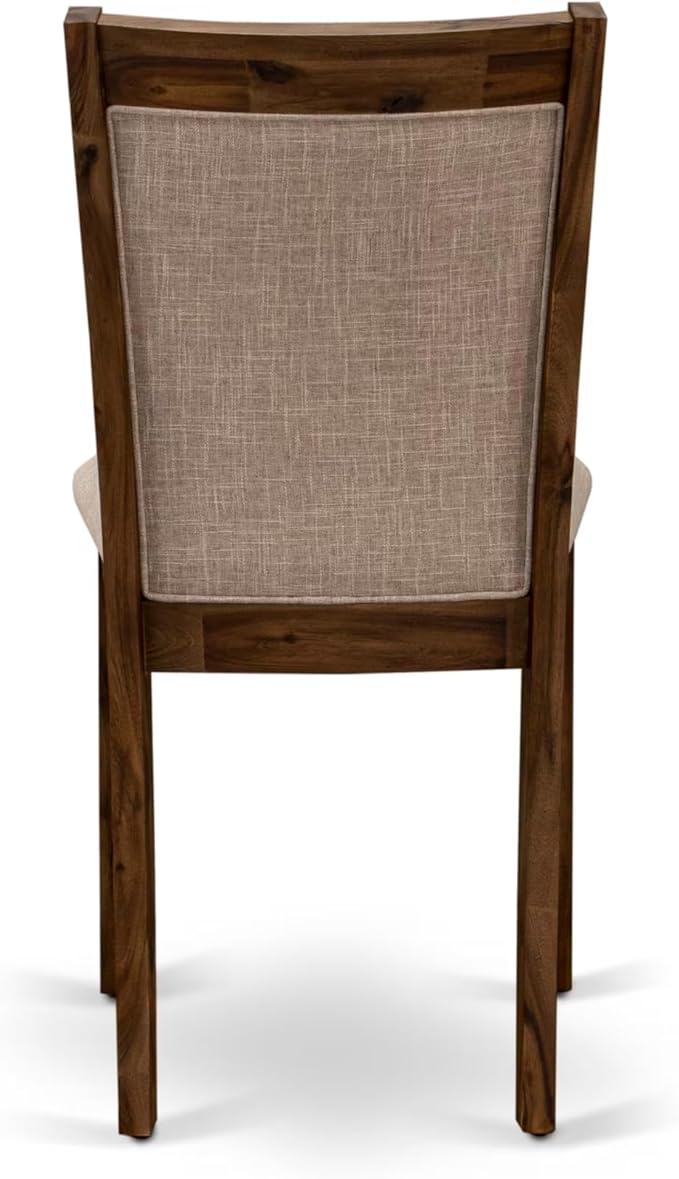 F7MZ5-50N-04 5-Pc Dining Table Set Includes a Pedestal Dinner Table and 4 Light Tan Polyester Fabric Parson Chairs with Padded Back- Antique Walnut