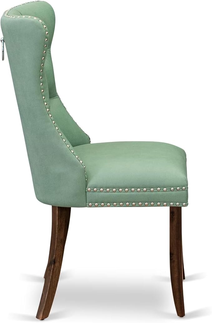 NEDA9-AWA-22 9-Piece Modern Dining Table Set Consists of a Kitchen Table and 8 Willow Green Polyester Dining Chairs with Button Tufted Back, 44x100 Inch, Antique Walnut