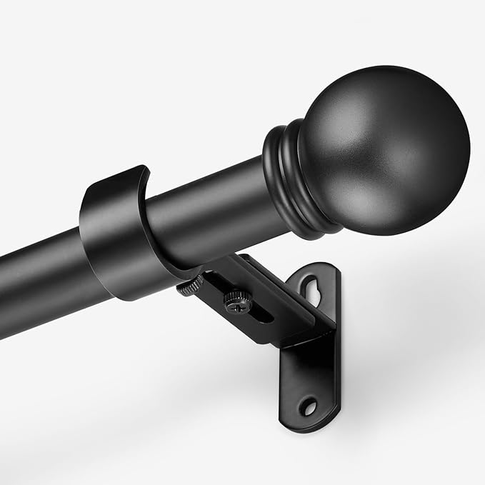 Curtain Rods for Windows 16 to 92 Inches, Curtain Rod Max Adjustable Length of 104 IN, 6/8" Diameter Drapery Rods Round Finials, Black, Pack of 1