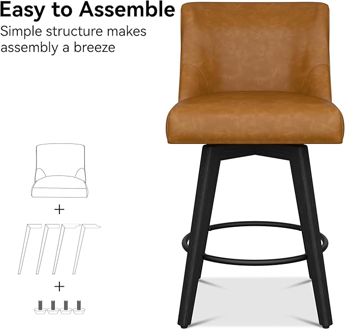 Counter Height Bar Stools Set of 4, Modern Swivel Barstools with Back and Wood Legs, Faux Leather Upholstered Bar Chairs, 26" H Kitchen Counter Stools, Kitchen Island Home Bar, Whisky Brown