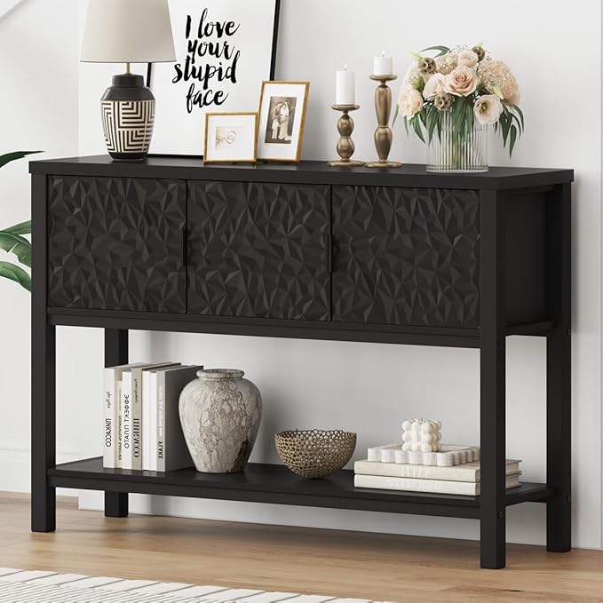 FATORRI Console Sofa Table, Entryway Table with Storage, Modern Foyer Tables with Doors for Hallway Dining Living Room (47.24 Inch Wide, Black)