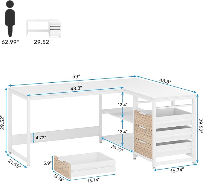 LITTLE TREE 59-Inch L Shaped Desk with Drawers, Large Computer Desk with Storage Shelves, Reversible L-Shaped Corner Desk Workstation for Home Office