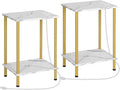 HOOBRO Side Table with Charging Station, Set of 2 End Tables with USB Ports and Outlet, Nightstand with 2-Layer Storage Shelves for Small Spaces, Living Room, Bedroom, Gold and Marble DM09UBZP201