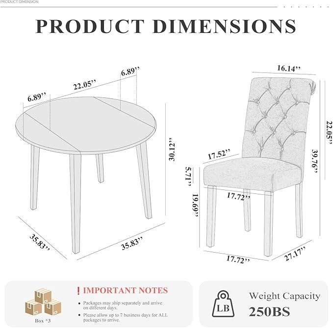 COLAMY 5-Piece Extendable Dining Table Set for 4, 36" Kitchen Round Wood Table with 4 Tufted Dining Room Chairs,Light Brown/Blue