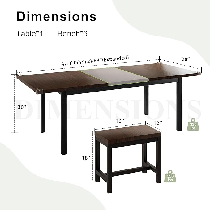 Feonase 7-Piece Dining Table Set with 6 Stools, 63 Inch Extendable Kitchen Table for 4-8, Kitchen Room Set with MDF Board & Metal Frame, Farmhouse Table, Space-Saving, Espresso
