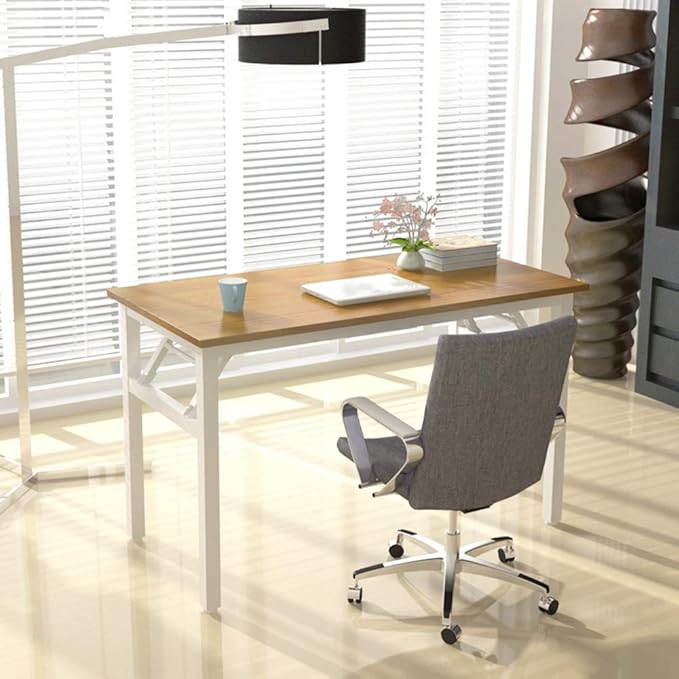 SDHYL 47 inches No Assembly Foldable Computer Desk for Home Office Workstation, Simple Folding Study and Writing Table with Metal Frame, Teak and White