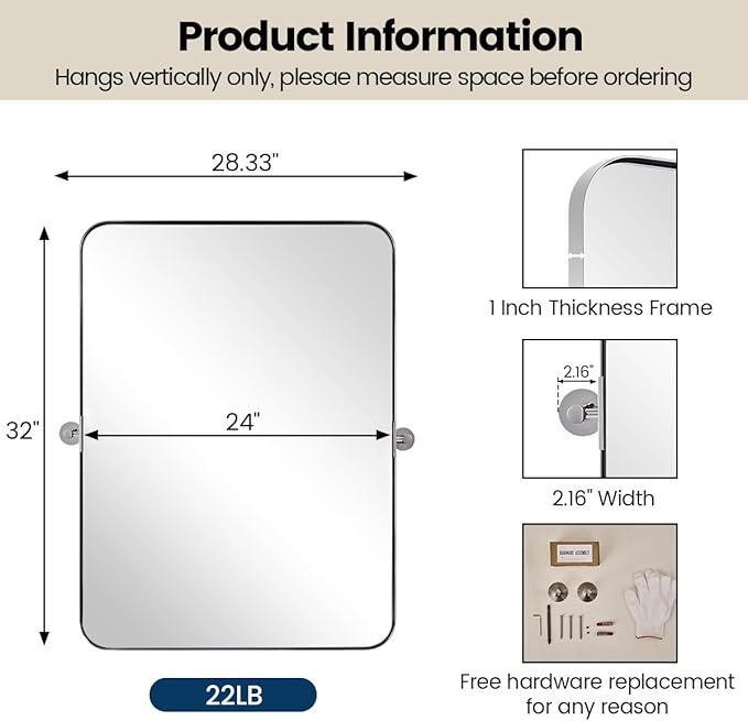 MOON MIRROR Polished Chrome Pivot Mirror for Bathroom, Tilt Bathroom Vanity Rounded Rectangle, Overall 28.33 x 36 in (Mirror 24x 36 in)