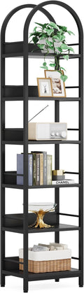LITTLE TREE 6-Tier Open Bookshelf, 78.7" Tall Arched Bookcase, Black Wooden Bookshelf with Metal Frame, Freestanding Narrow Bookcase Display Shelves for Living Room, Bedroom, Office