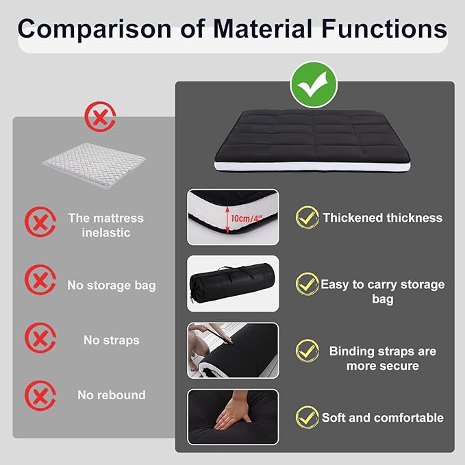 Tiita Queen Memory Foam Mattress Topper, 4" Thicken Futon Floor Mattress with Storage Bag and 2 Straps, Portable Roll Up Travel Car Camping Mattress Sleeping Pad, Black