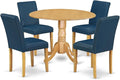 East West Furniture DLAB5-OAK-55 5 Piece Dining Room Furniture Set Includes a Round Dining Table with Dropleaf and 4 Oasis Blue Faux Leather Parsons Chairs, 42x42 Inch, Oak