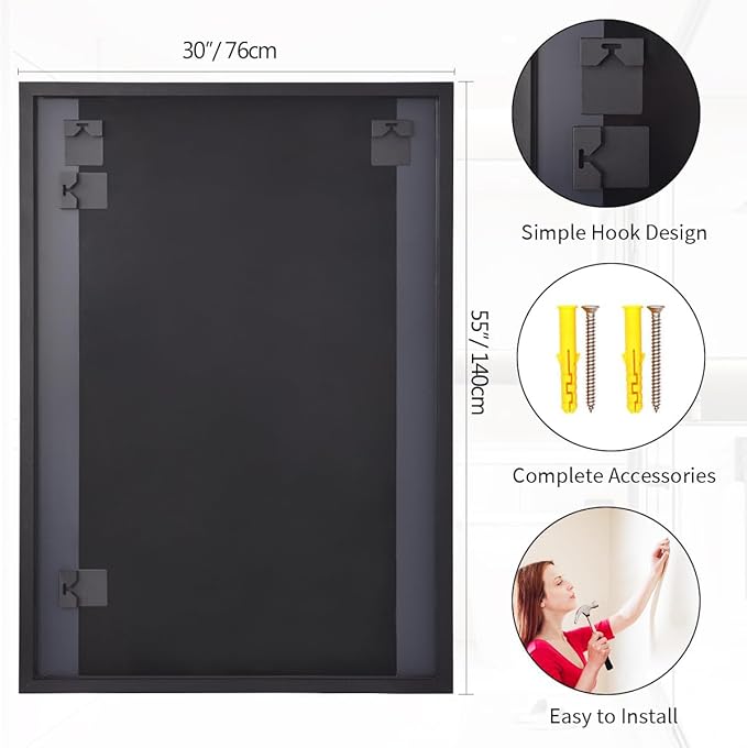 Koonmi Black Mirrors for Wall, 30x55 Inch Bathroom Mirror, Rectangular Wall Mirror for Living Room Bedroom Bathroom, Hangs Horizontally or Vertically