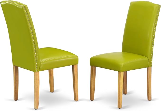 East West Furniture ANEN3-OAK-51 3 Piece Modern Dining Table Set Contains a Round Kitchen Table with Pedestal and 2 Autumn Green Faux Leather Upholstered Chairs, 36x36 Inch, Oak