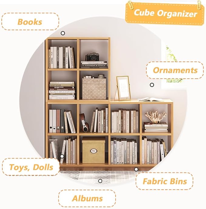 4 Cube Organizer Bookcase - Fabric Storage Bins Container, Open Shelf Simple Compartments Bookshelf, Oak