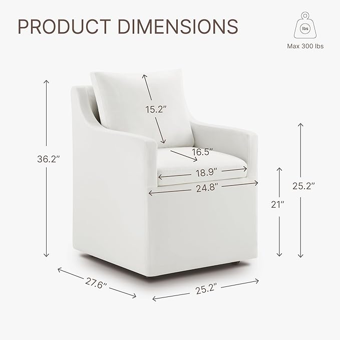 Upholstered Dining Chairs with Casters Washable Cover Side Deskchair with Rollers for Diningroom, Living Room, Cream, 1 Box